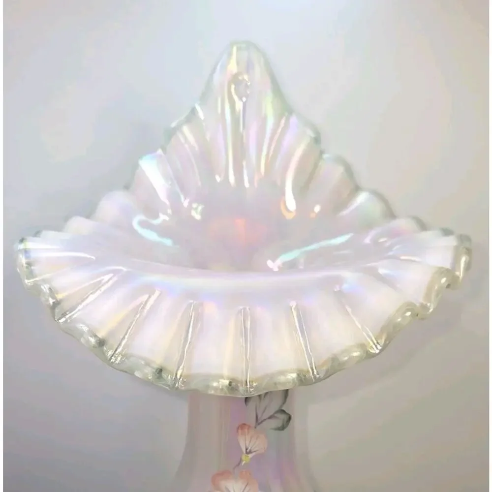 Vintage Fenton Hand-Painted Opalescent Ruffled Glass Floral Vase Signed
